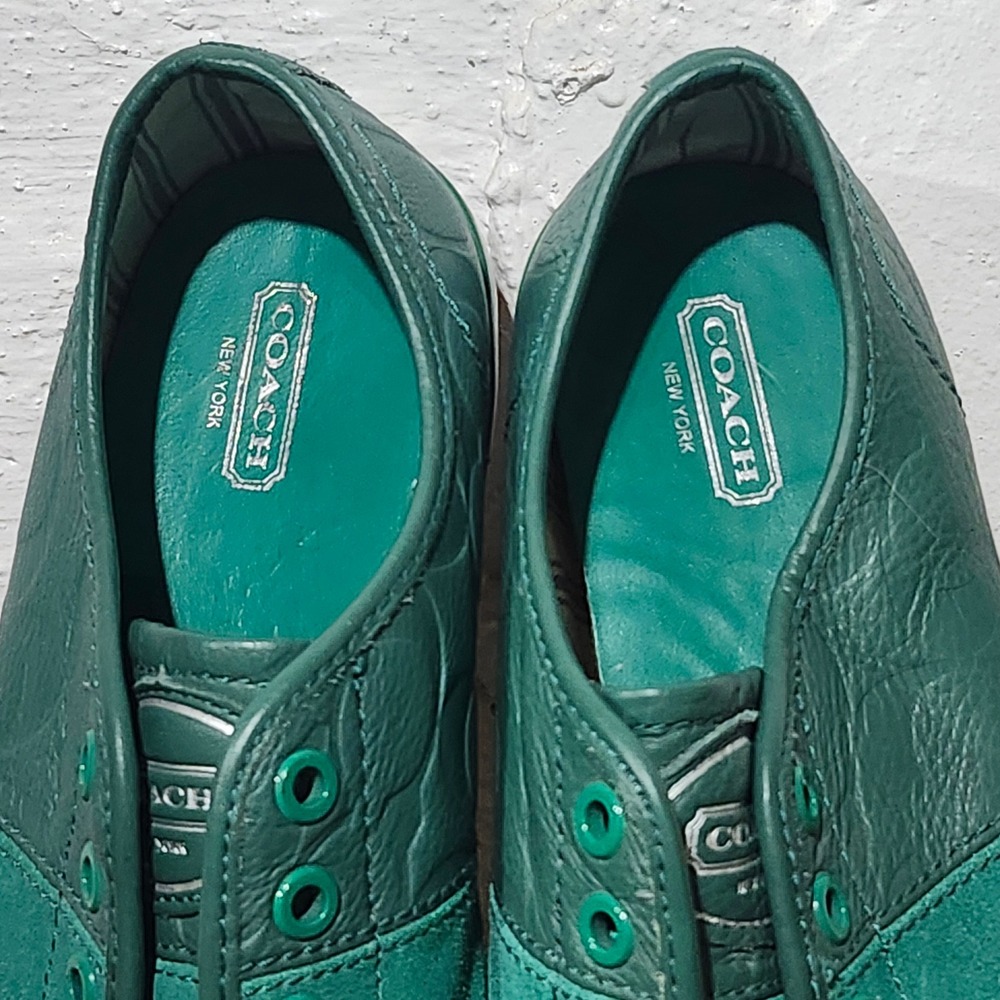 Coach 90s Mika Green Leather Suede Embossed Logo Low Top Sneaker Women 9 Cap Toe - Picture 8 of 16